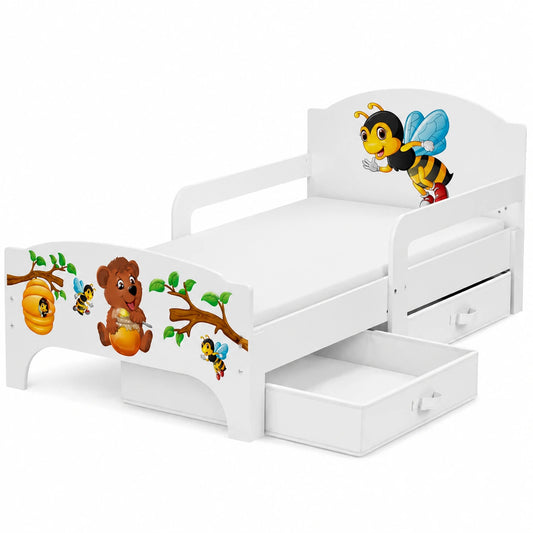 Letto in Legno per Bambini 140x70 cm con Cassetto e Materasso, Design Orsacchiotto e Api