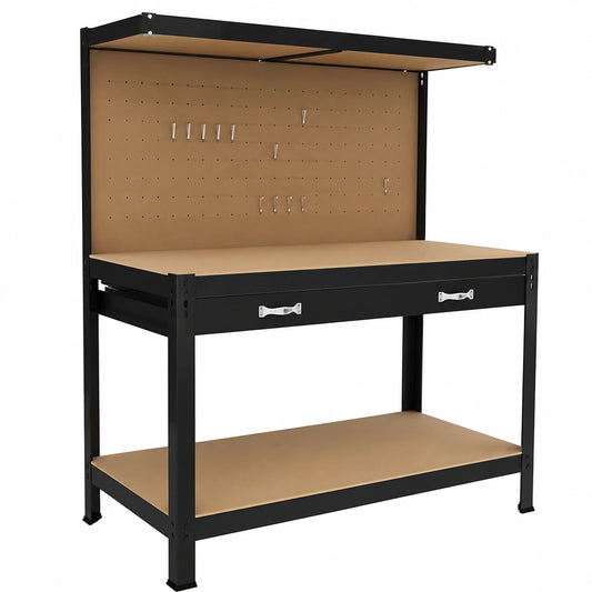 Banco da Lavoro 3 Livelli con Cassetto e Pannello Portautensili, 120x60 cm, Portata 370 kg, Nero