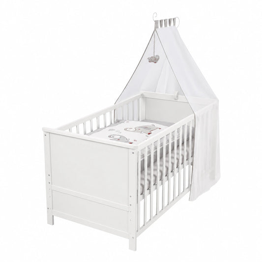Set Lettino Multifunzione 70x140 cm Jumbotwins, Legno Bianco, Include Federa, Copripiumino, Materasso e Baldacchino