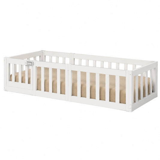 Letto Montessori a Pavimento 180x140 cm con Barriera Rimovibile, Perfetto per Bambini, Legno Bianco
