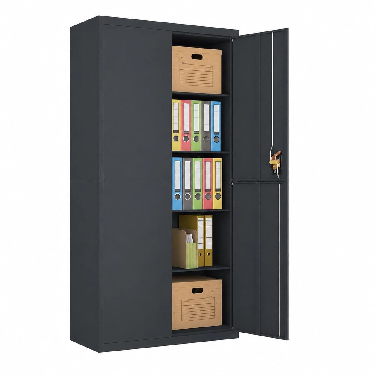 Armadio da Ufficio in Metallo Antracite con 4 Ripiani e 2 Ante, 90x40x180 cm