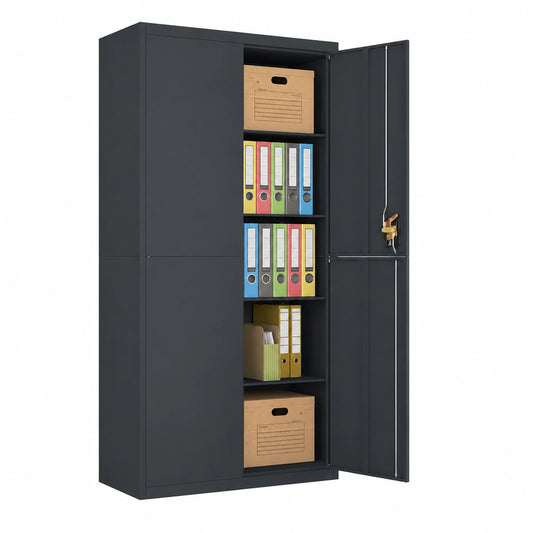 Armadio da Ufficio in Metallo Antracite con 4 Ripiani e 2 Ante, 90x40x180 cm