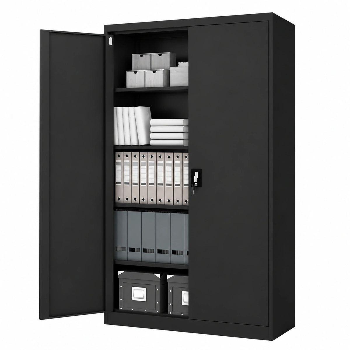 Armadio da Ufficio in Metallo Verniciato Nero, Chiudibile, 185x115x40 cm