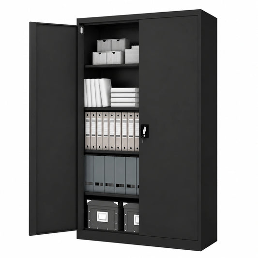 Armadio da Ufficio in Metallo Verniciato Nero, Chiudibile, 185x115x40 cm